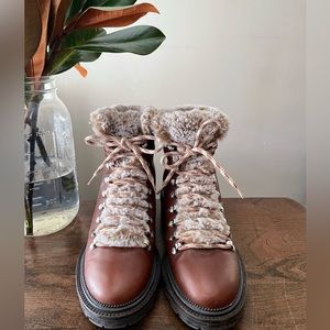 Zara brown leather fuzzy boots
